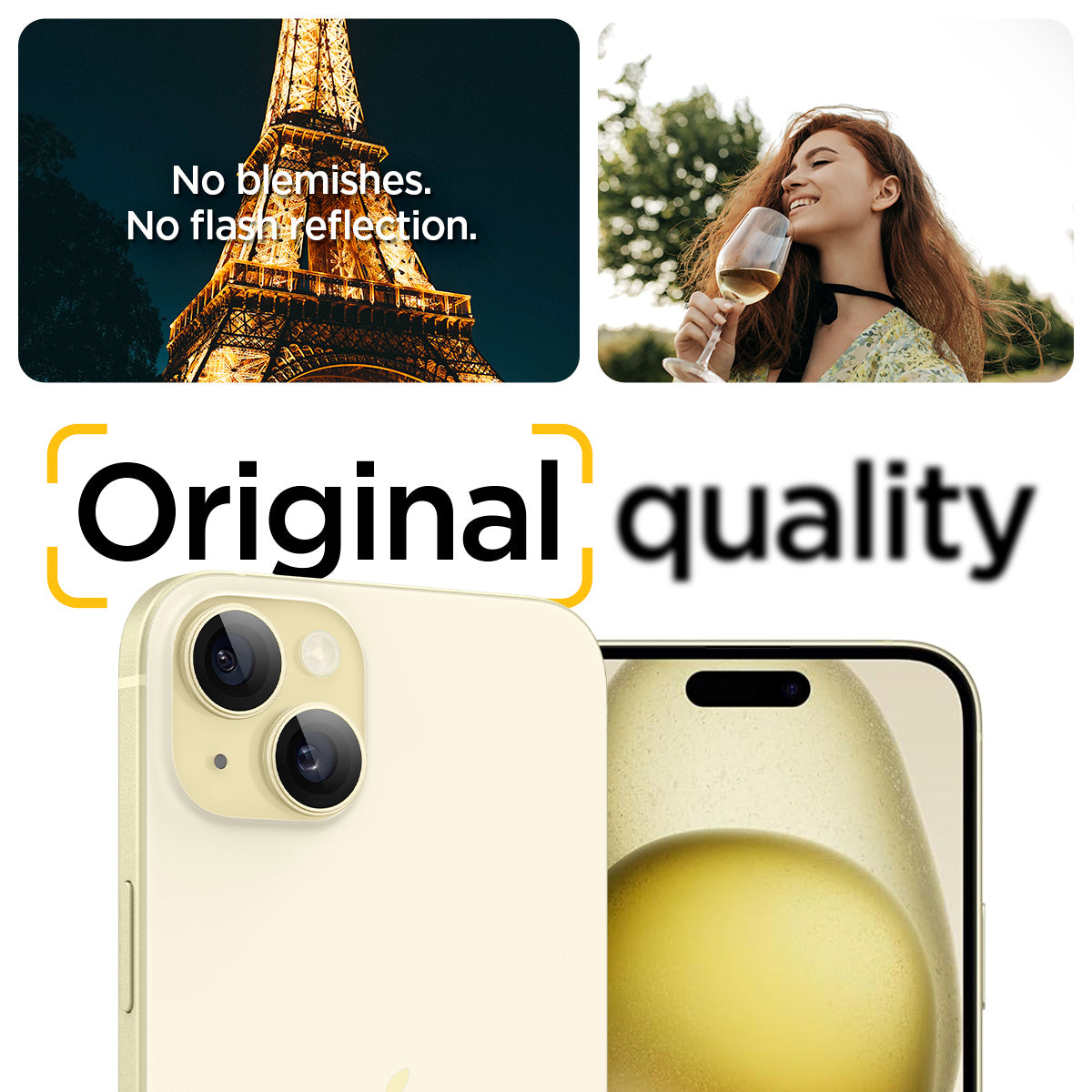 AGL07168 - iPhone 15 Plus Optik Pro EZ Fit Lens Protector in Yellow no blemishes. no flash reflection. original quality.