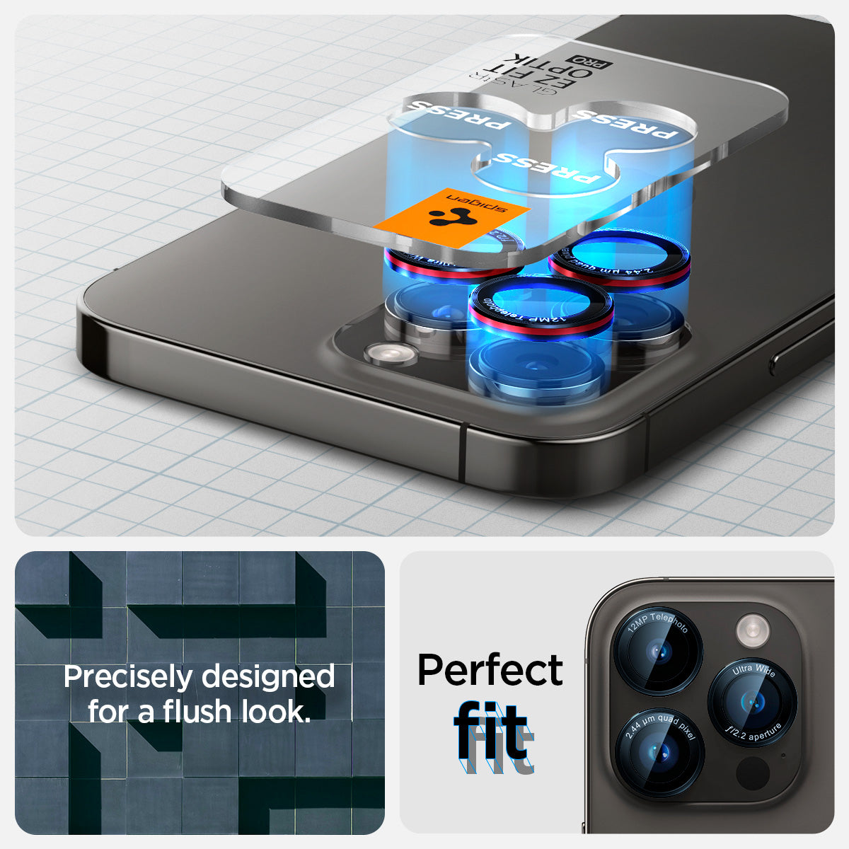 AGL05217 - iPhone 15 Pro / 15 Pro Max Optik Pro Lens Protector L-series showing the perfect fit. Precisely designed for a flush look