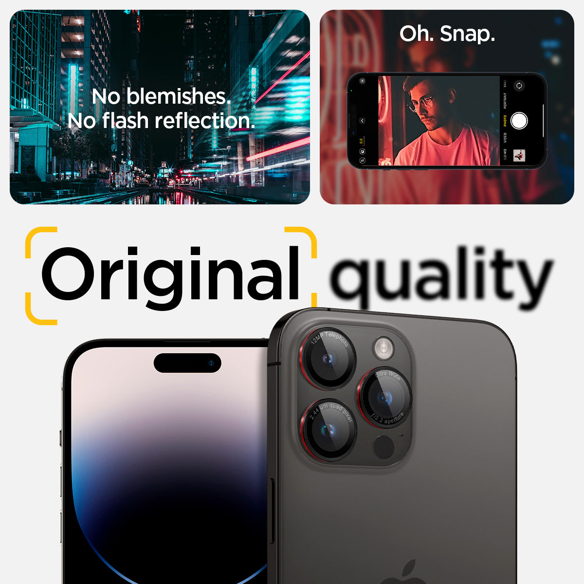 AGL05217 - iPhone 15 Pro / 15 Pro Max Optik Pro Lens Protector L-series showing the no blemishes, no flash reflection oh, snap, original quality.