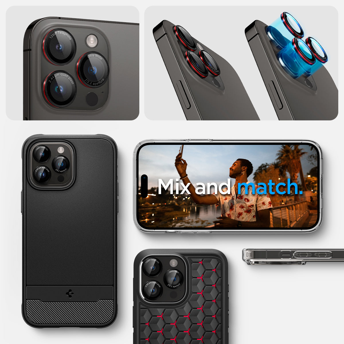 AGL05217 - iPhone 15 Pro / 15 Pro Max Optik Pro Lens Protector L-series showing the mix and match