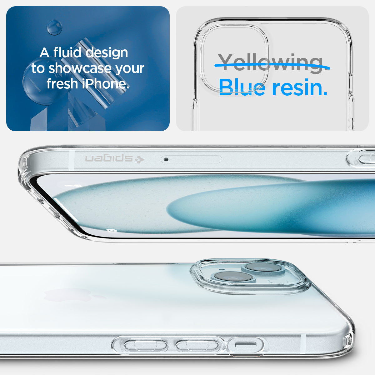ACS06786 - iPhone 15 Case Liquid Crystal in crystal clear showing a fluid design to showcase your fresh iPhone with Blue resin