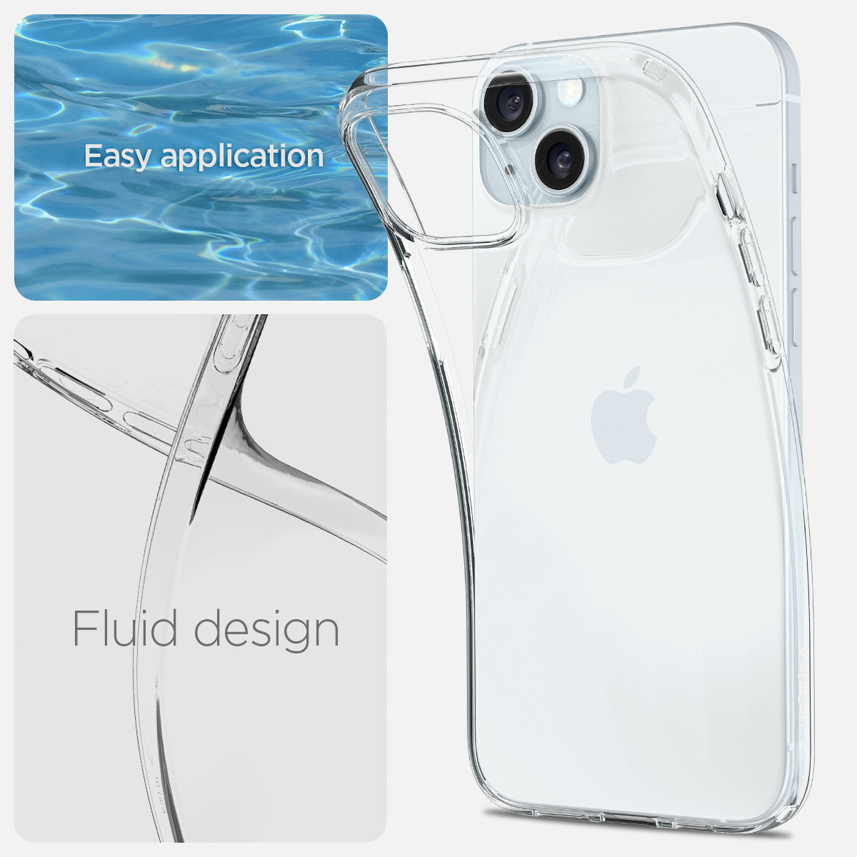 ACS06786 - iPhone 15 Case Liquid Crystal in crystal clear showing the easy application with fluid design