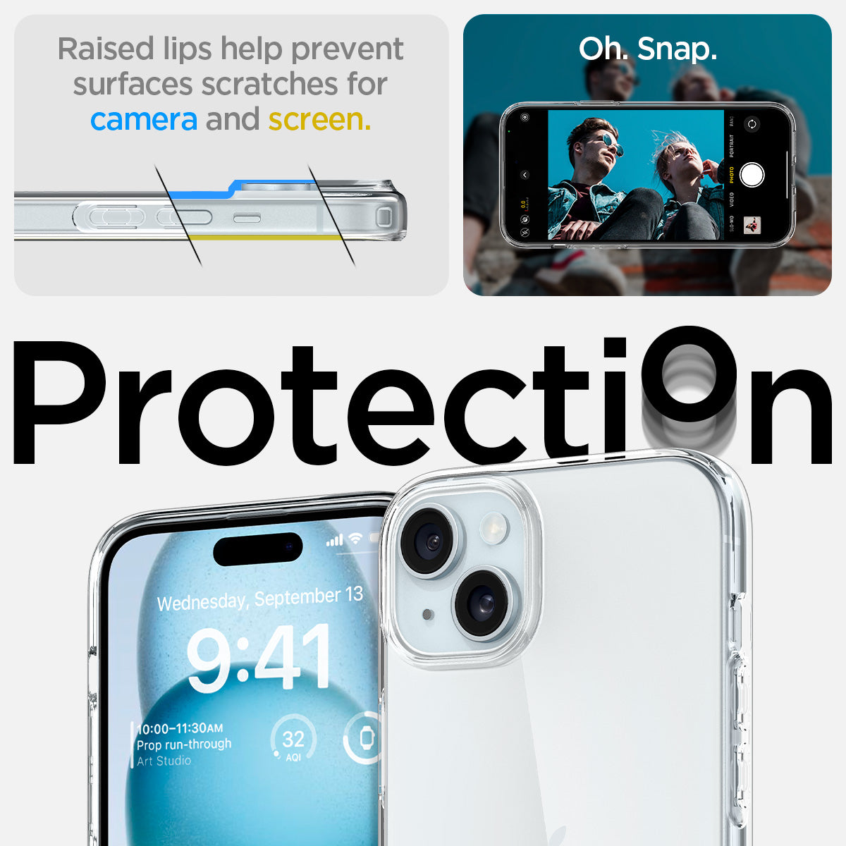 ACS06786 - iPhone 15 Case Liquid Crystal in crystal clear showing the raised lips help prevent surfaces scratches for camera and screen
