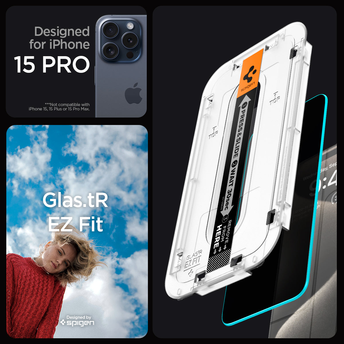 AGL06894 - iPhone 15 Pro Screen Protector EZ FIT GLAS.tR Privacy designed for iPhone 15 pro. Glas.tR EZ Fit. designed by spigen.