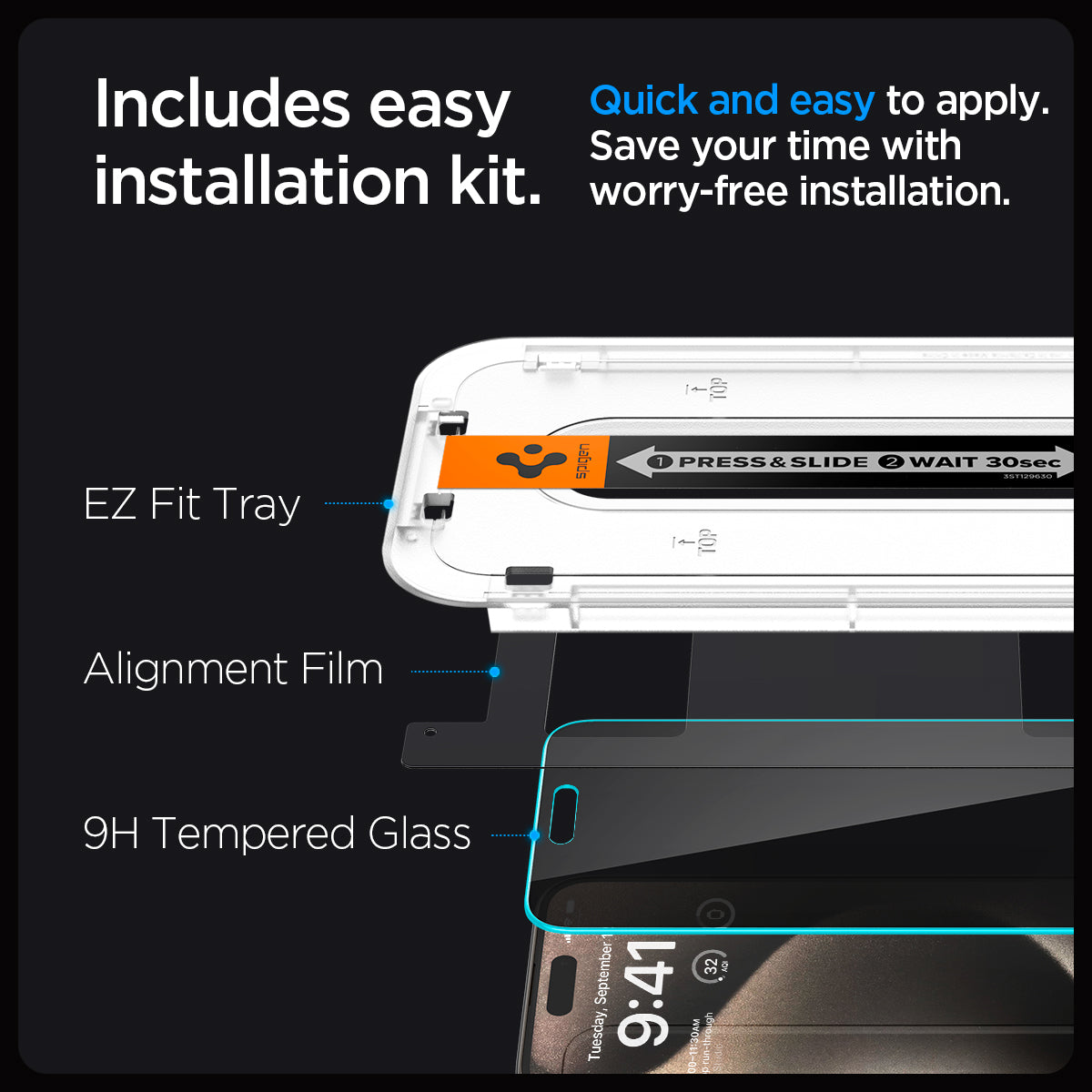 AGL06894 - iPhone 15 Pro Screen Protector EZ FIT GLAS.tR Privacy includes easy installation kit. Quick and easy to apply. Save your time with worry free installation. EZ Fit tray, Alignment film, 9H tempered glass.