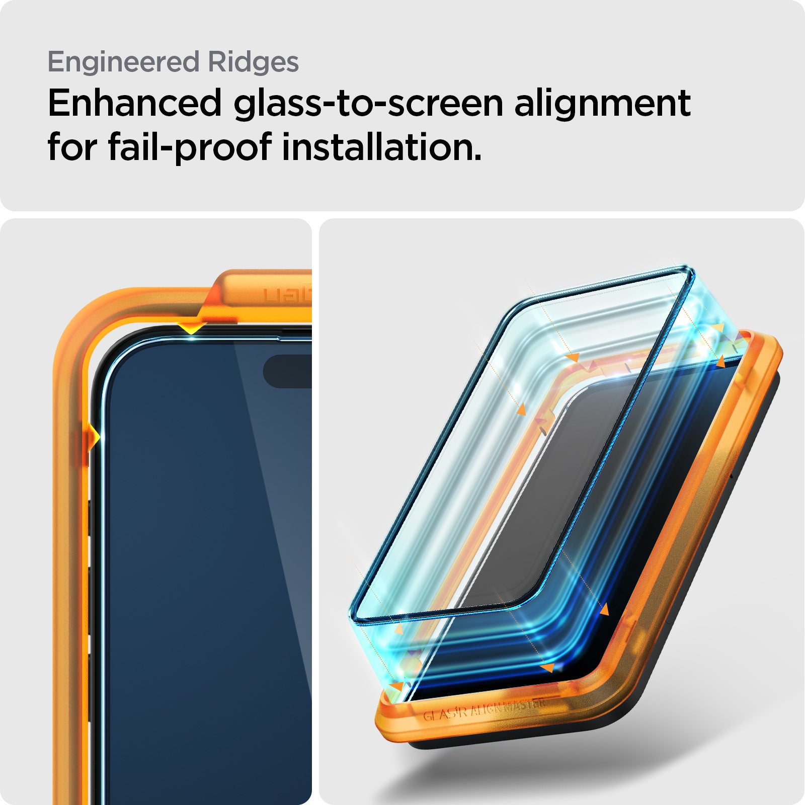 AGL06875 - iPhone 15 Pro Max Screen Protector AlignMaster GLAS.tR engineered ridges. Enhanced glass to screen alignment for fail proof installation.