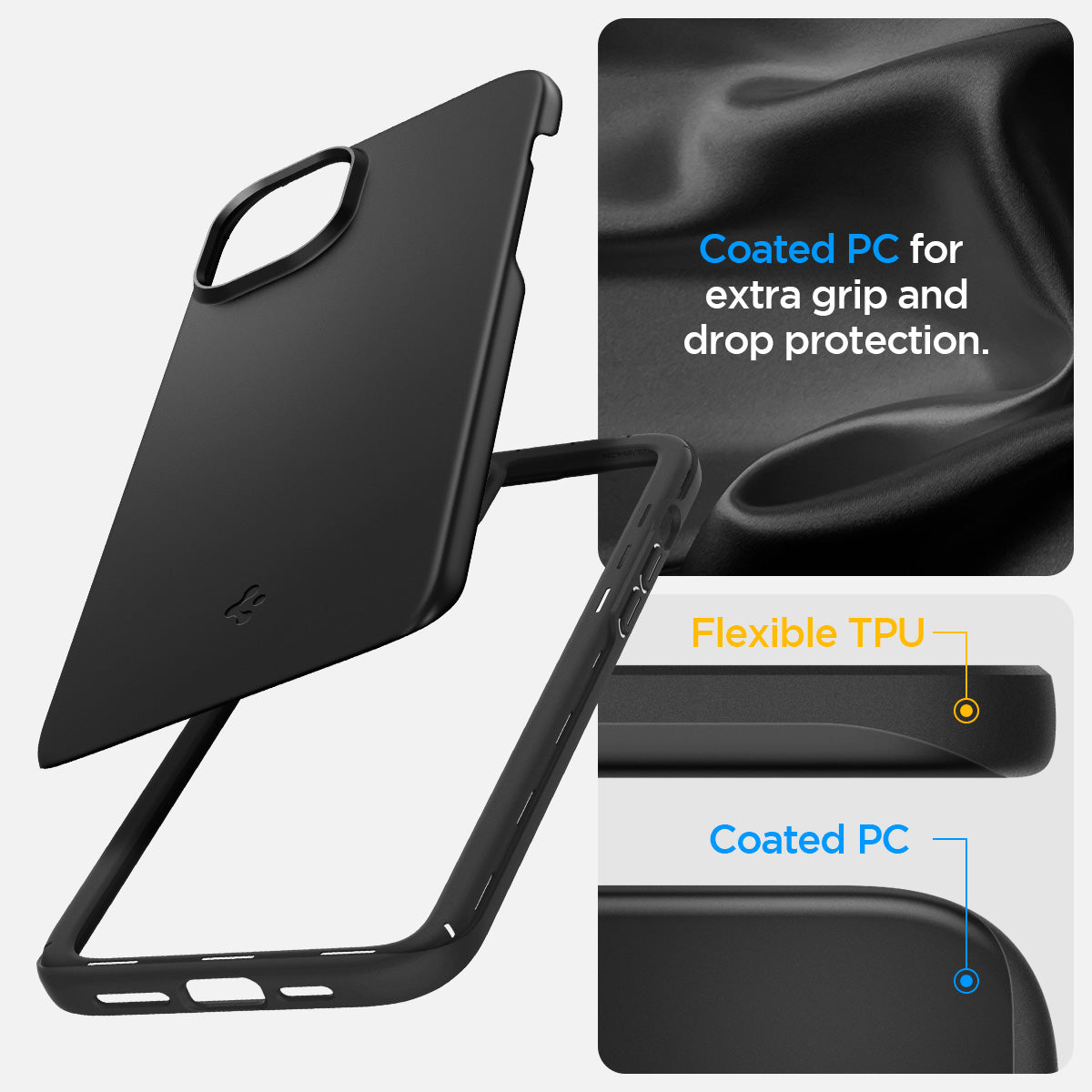 ACS06776 - iPhone 15 Case Thin Fit in black coated PC for extra grip and drop protection. Flexible TPU, Coated PC.