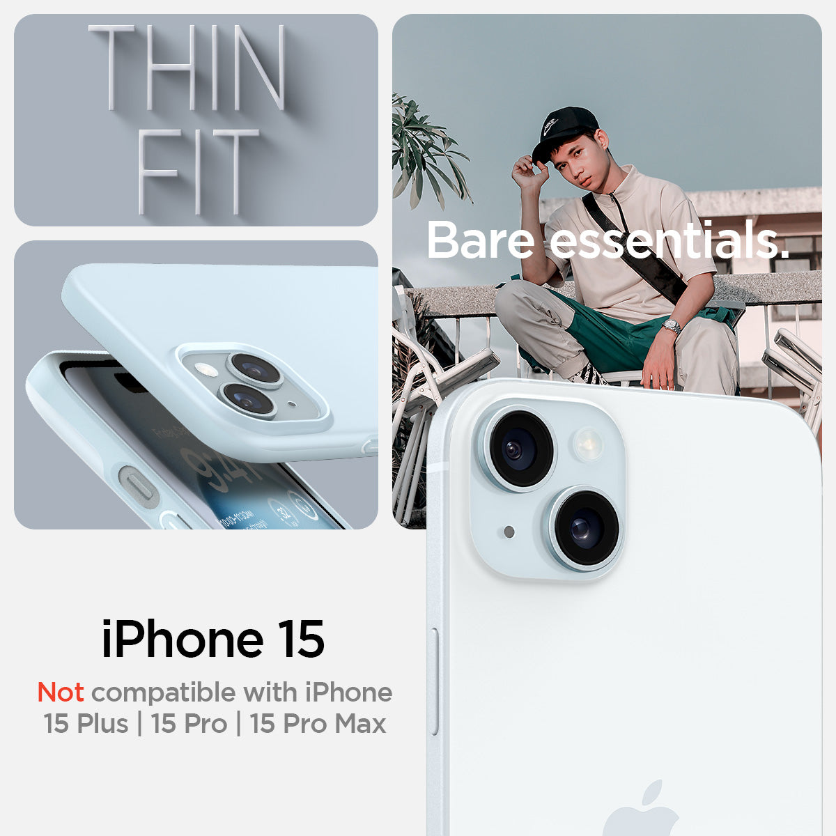 ACS06781 - iPhone 15 Case Thin Fit in mute blue Thin Fit in black thin fit. Bare essentials. compatibility only with iPhone 15. Not compatible with iPhone 15 Plus | 15 Pro | 15 Pro Max