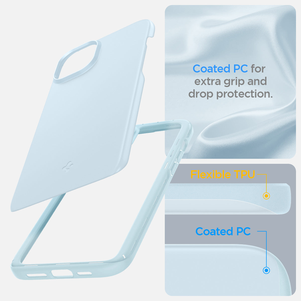 ACS06781 - iPhone 15 Case Thin Fit in mute blue coated PC for extra grip and drop protection. Flexible TPU, Coated PC.