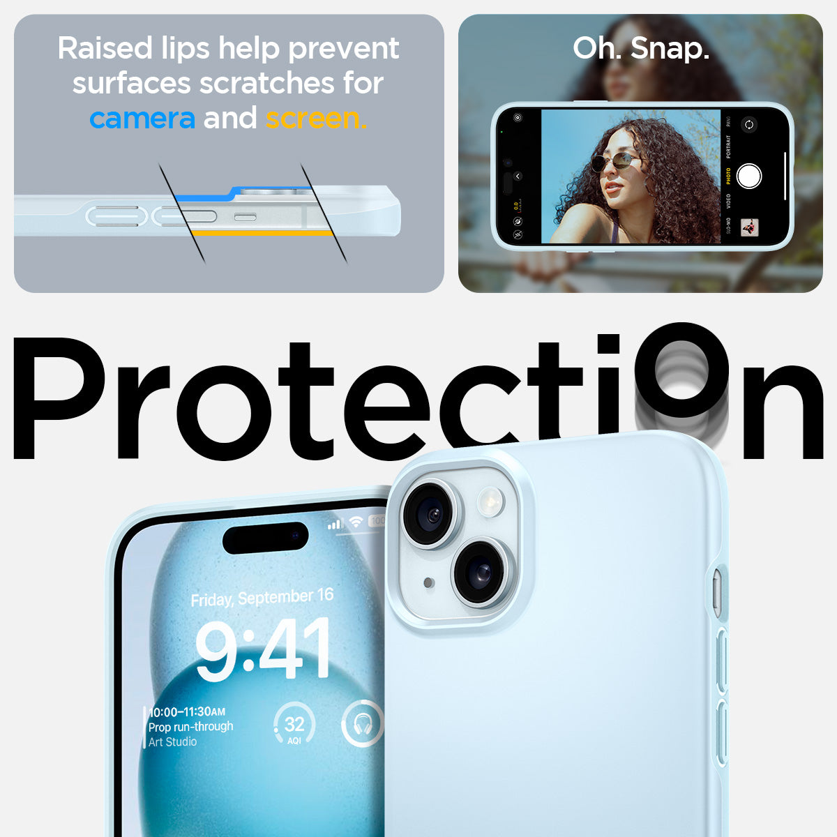 ACS06781 - iPhone 15 Case Thin Fit in mute blue raised edges prevent surface scratches on the camera and screen
