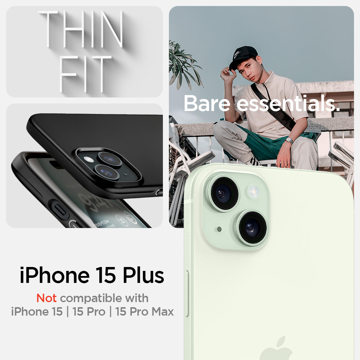 ACS06639 - iPhone 15 Plus Case Thin Fit in black thin fit. Bare essentials. compatibility only with iPhone 15 Plus. Not compatible with iPhone 15 | 15 Pro | 15 Pro Max