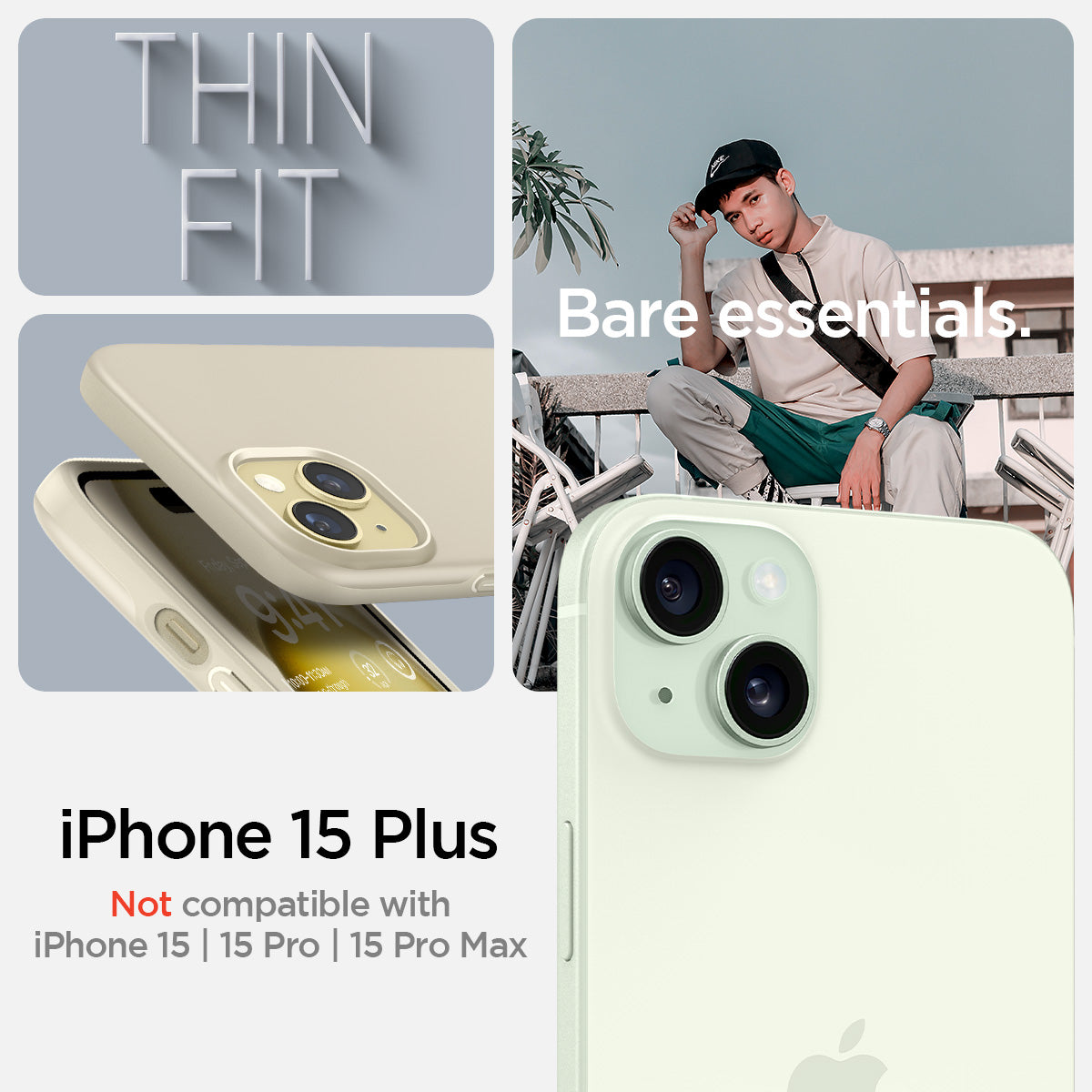 ACS06642 - iPhone 15 Plus Case Thin Fit in mute beige Thin Fit in black thin fit. Bare essentials. compatibility only with iPhone 15 Plus. Not compatible with iPhone 15 | 15 Pro | 15 Pro Max