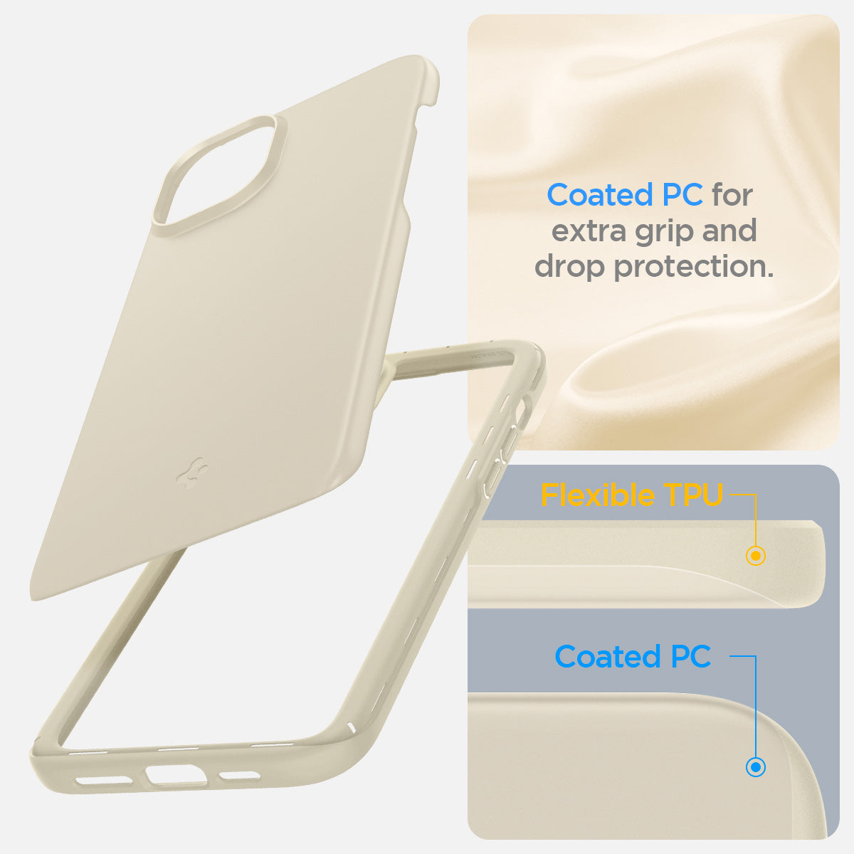 ACS06642 - iPhone 15 Plus Case Thin Fit in mute beige coated PC for extra grip and drop protection. Flexible TPU, Coated PC.