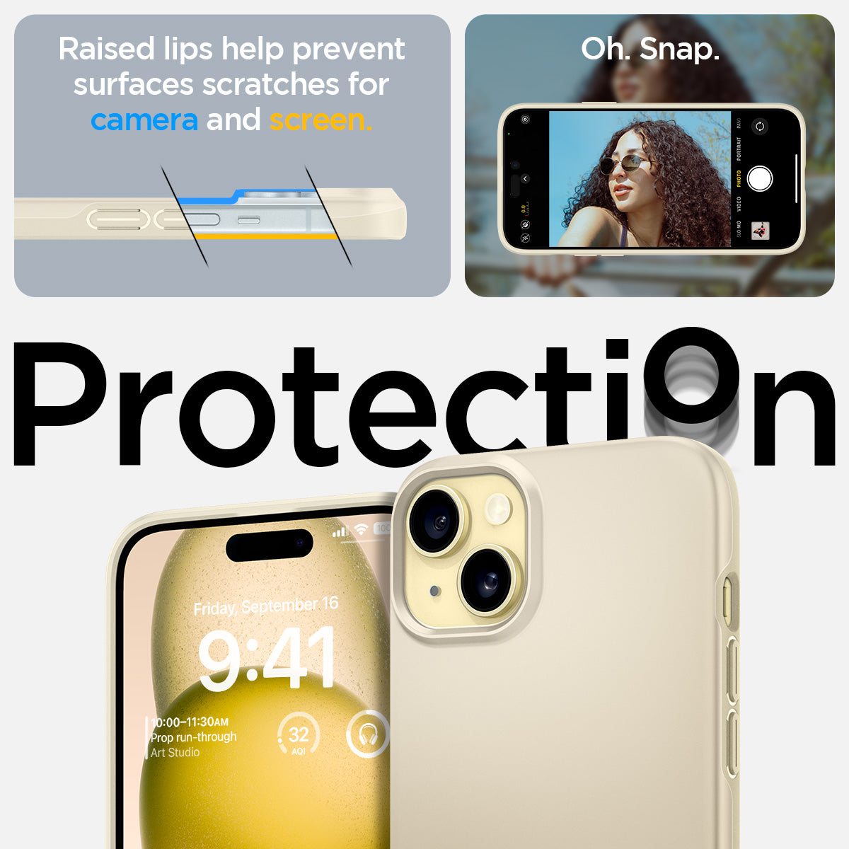 ACS06642 - iPhone 15 Plus Case Thin Fit in mute beige raised edges prevent surface scratches on the camera and screen