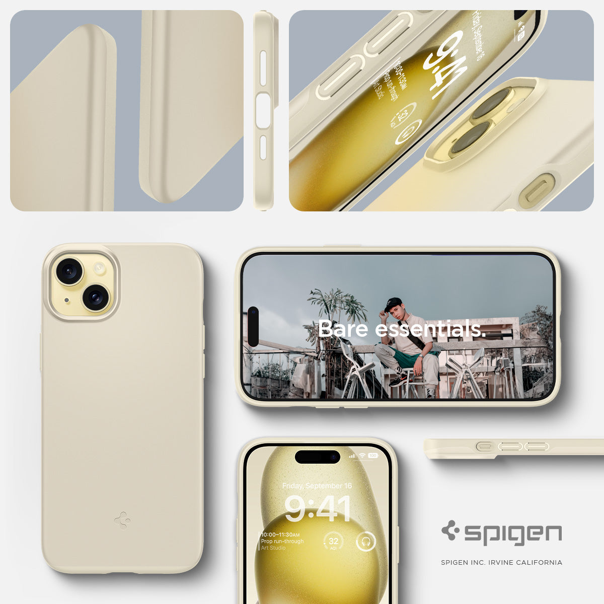 ACS06642 - iPhone 15 Plus Case Thin Fit in mute beige bare essentials. spigen.
