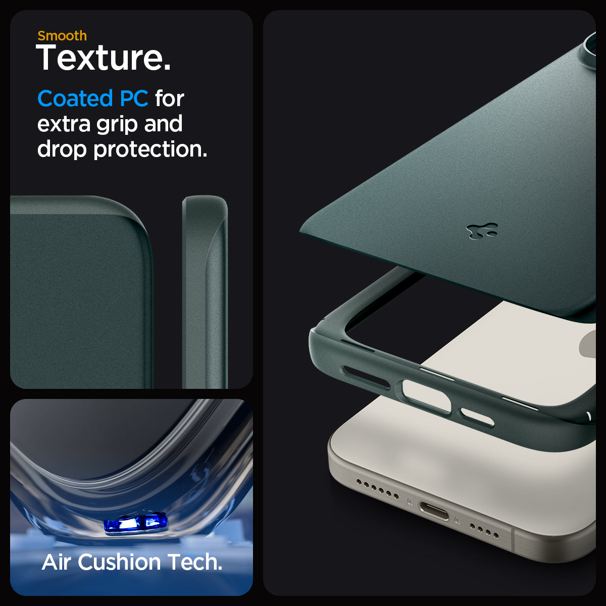 ACS06690 - iPhone 15 Pro Case Thin Fit in abyss green smooth texture. Coated PC for extra grip and drop protection. Aircushion tech.
