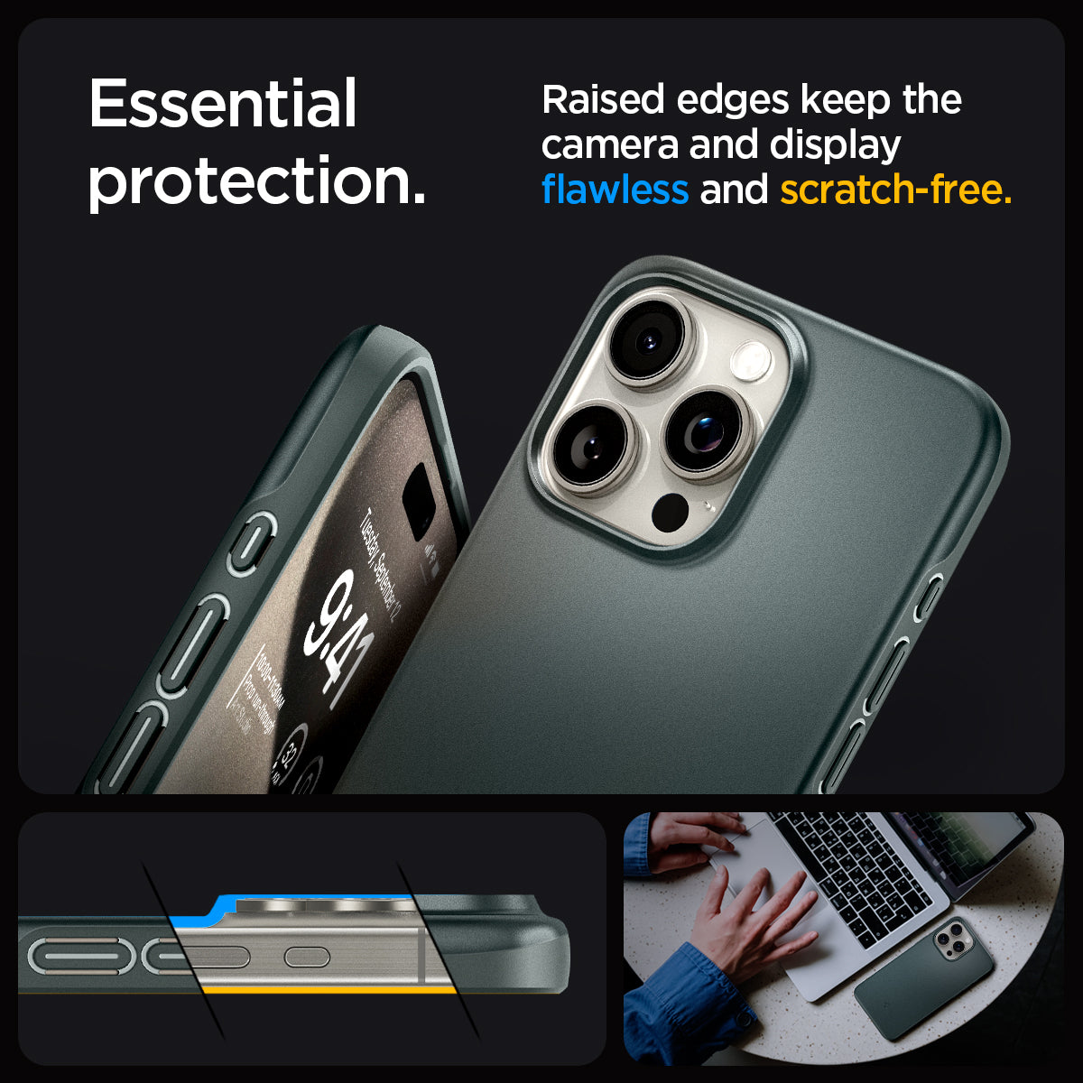 ACS06690 - iPhone 15 Pro Case Thin Fit in abyss green essential protection. Raised edges keep the camera and display flawless and scratch free.