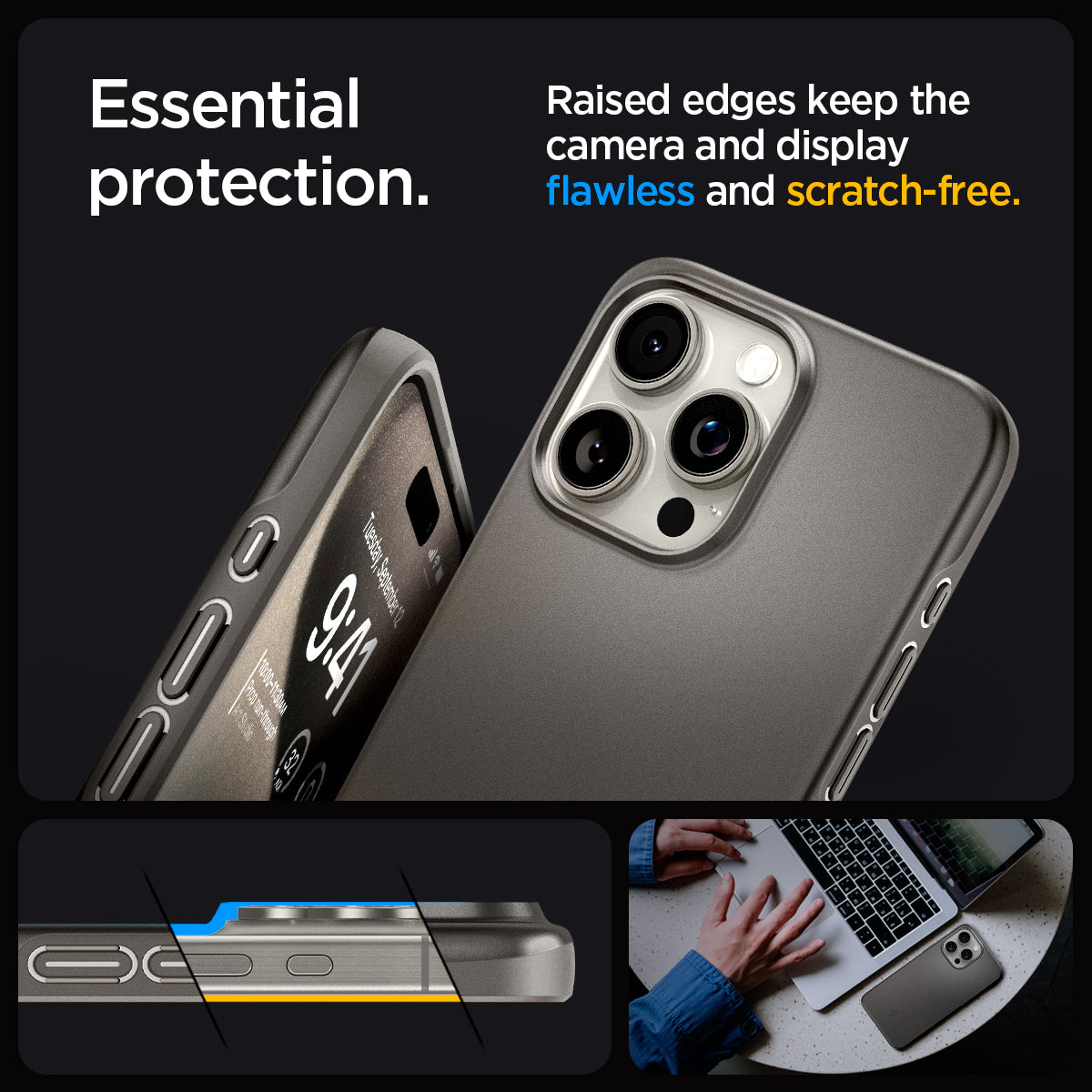 ACS06687 - iPhone 15 Pro Case Thin Fit in gunmetal essential protection. Raised edges keep the camera and display flawless and scratch free.