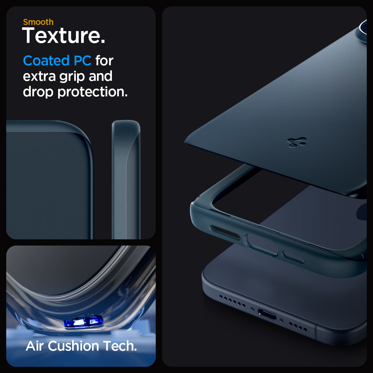 ACS06688 - iPhone 15 Pro Case Thin Fit in metal slate smooth texture. Coated PC for extra grip and drop protection. Aircushion tech.