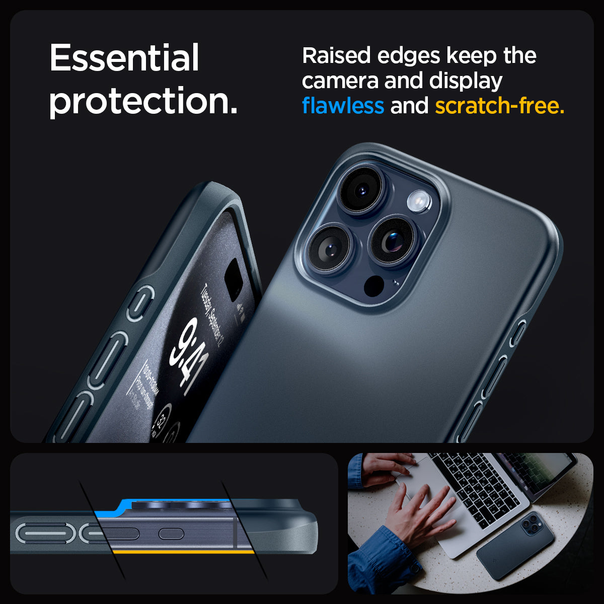 ACS06688 - iPhone 15 Pro Case Thin Fit in metal slate essential protection. Raised edges keep the camera and display flawless and scratch free.