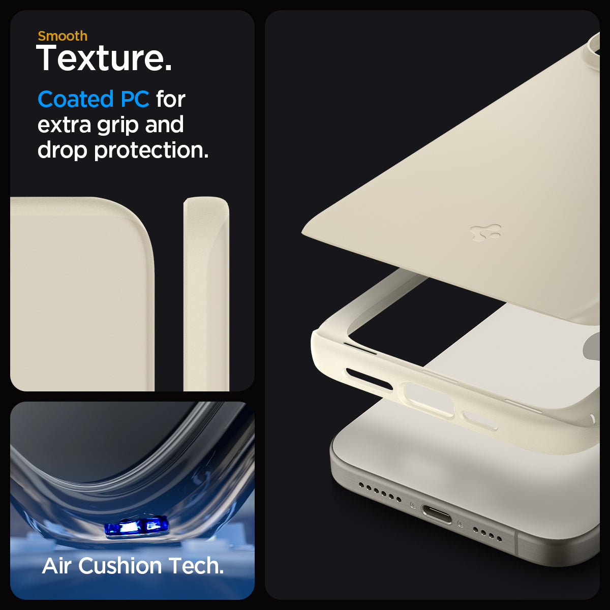 ACS06694 - iPhone 15 Pro Case Thin Fit in mute beige smooth texture. Coated PC for extra grip and drop protection. Aircushion tech.