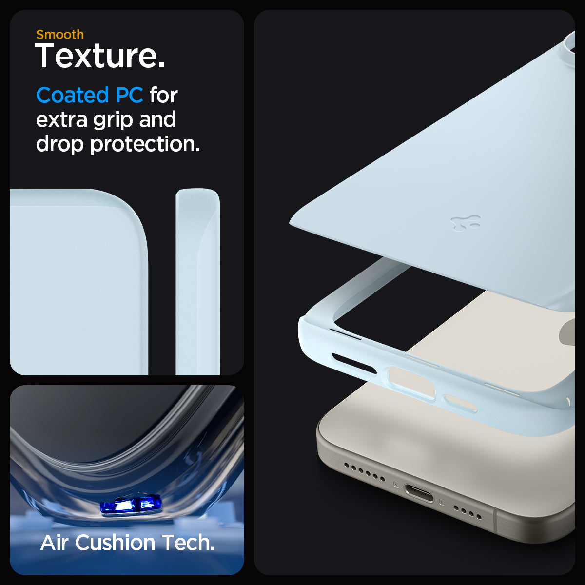 ACS06693 - iPhone 15 Pro Case Thin Fit in mute blue smooth texture. Coated PC for extra grip and drop protection. Aircushion tech.