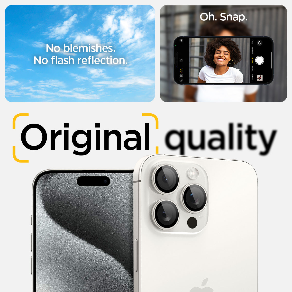 AGL07165 - iPhone 16 Pro / 16 Pro Max Optik Pro Lens Protector in white titanium showing the no blemishes, no flash reflection oh, snap, original quality.
