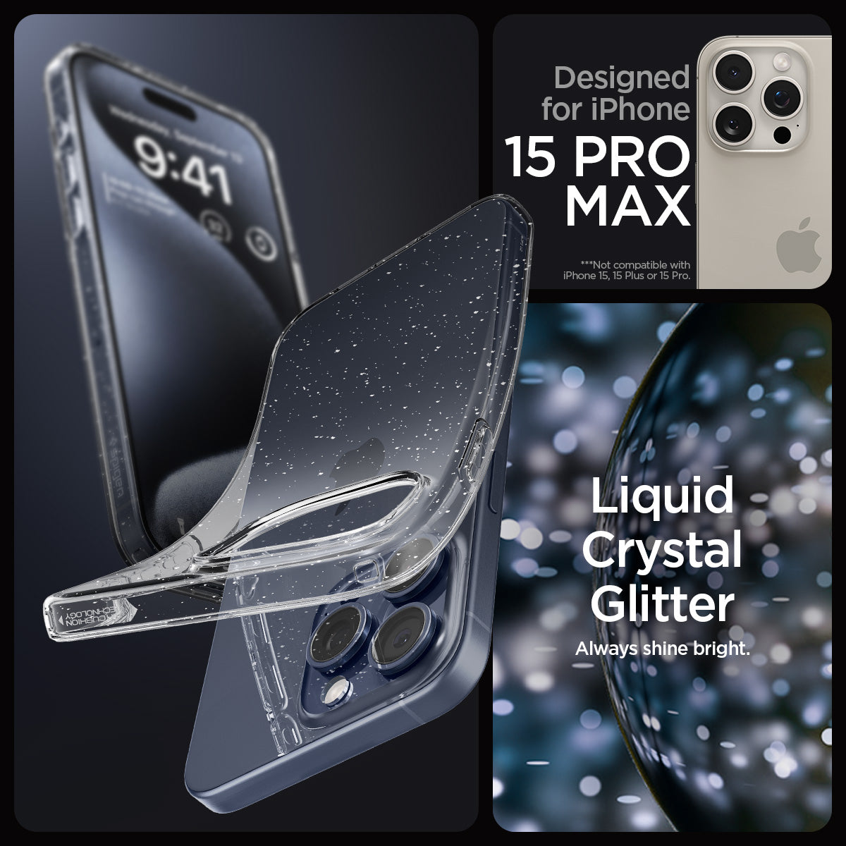 ACS06559 - iPhone 15 Pro Max Case Liquid Crystal Glitter in crystal quartz showing the compatibility only with iPhone 15 Pro Max. Not compatible with iPhone 15 | iPhone 15 Plus or 15 Pro