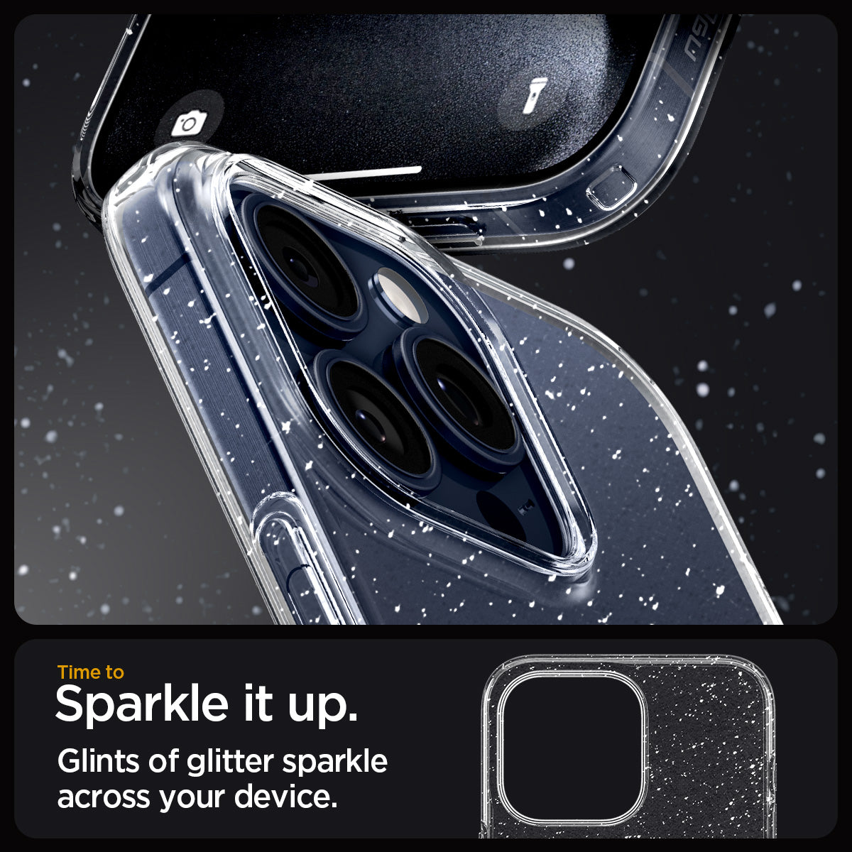 ACS06559 - iPhone 15 Pro Max Case Liquid Crystal Glitter in crystal quartz showing the sparkle it up. Glints of glitter sparkle across your device