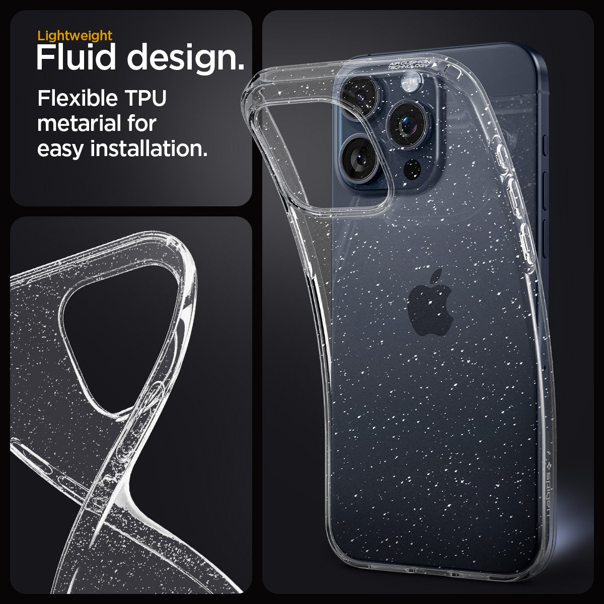 ACS06559 - iPhone 15 Pro Max Case Liquid Crystal Glitter in crystal quartz showing the lightweight fluid design. Flexible TPU material for easy installation