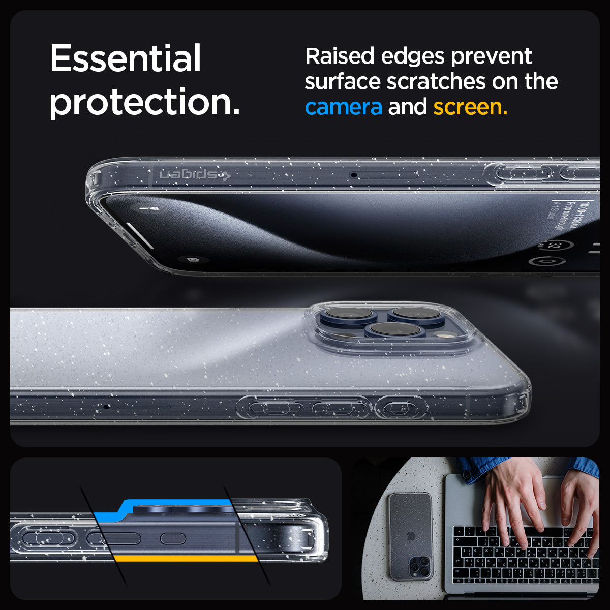 ACS06559 - iPhone 15 Pro Max Case Liquid Crystal Glitter in crystal quartz showing the essential protection. Raised edges prevent surface scratches on the camera
