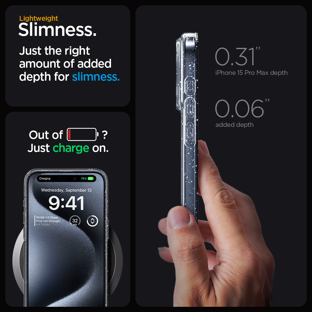 ACS06559 - iPhone 15 Pro Max Case Liquid Crystal Glitter in crystal quartz showing the lightweight slimness. Just the right amount of added depth for slimness. 0.31: iPhone 15 Pro Max depth | 0.06" added depth