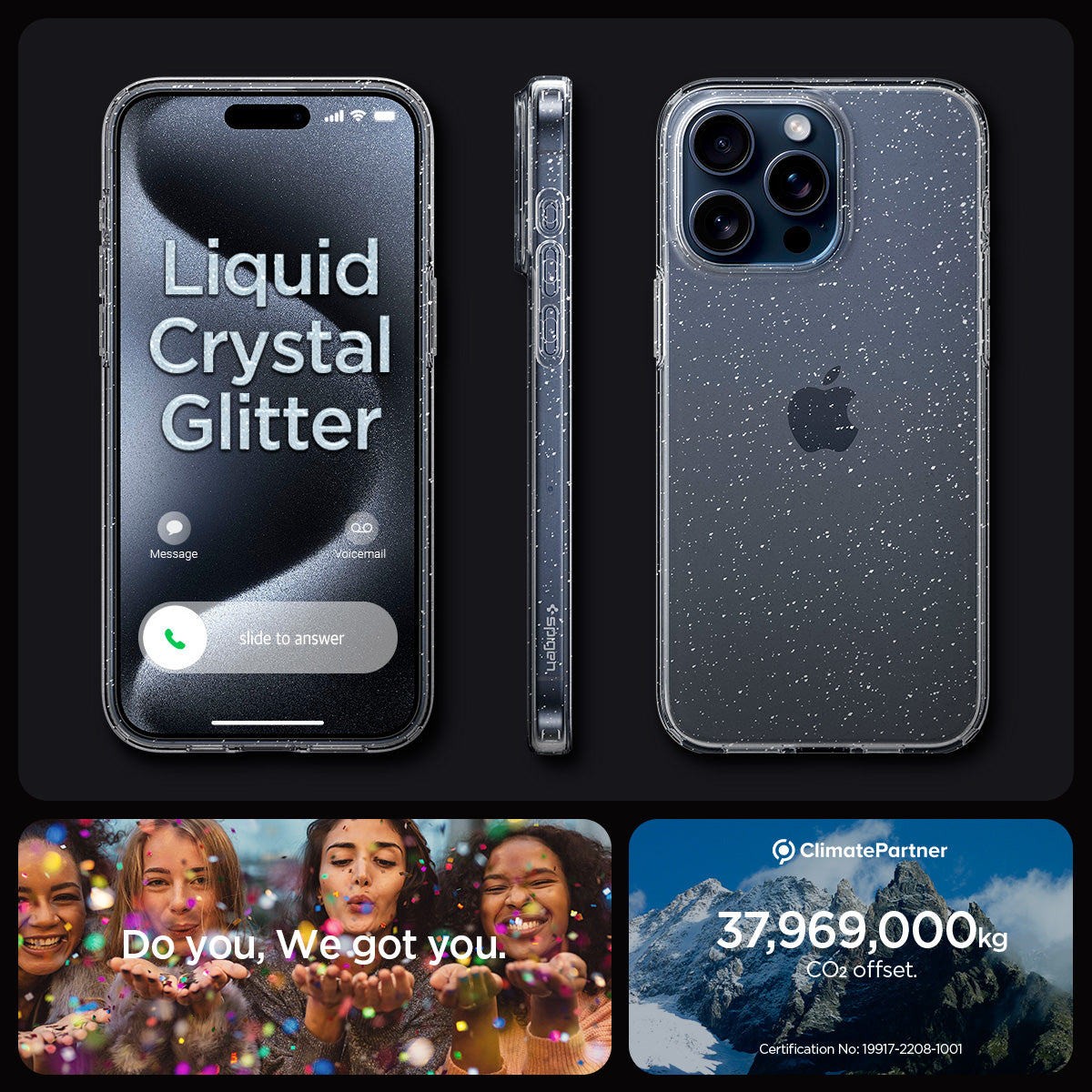 ACS06559 - iPhone 15 Pro Max Case Liquid Crystal Glitter in crystal quartz showing the different angles
