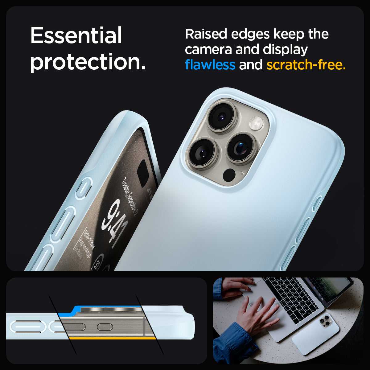 ACS06550 - iPhone 15 Pro Max Case Thin Fit in mute blue essential protection. Raised edges keep the camera and display flawless and scratch free.