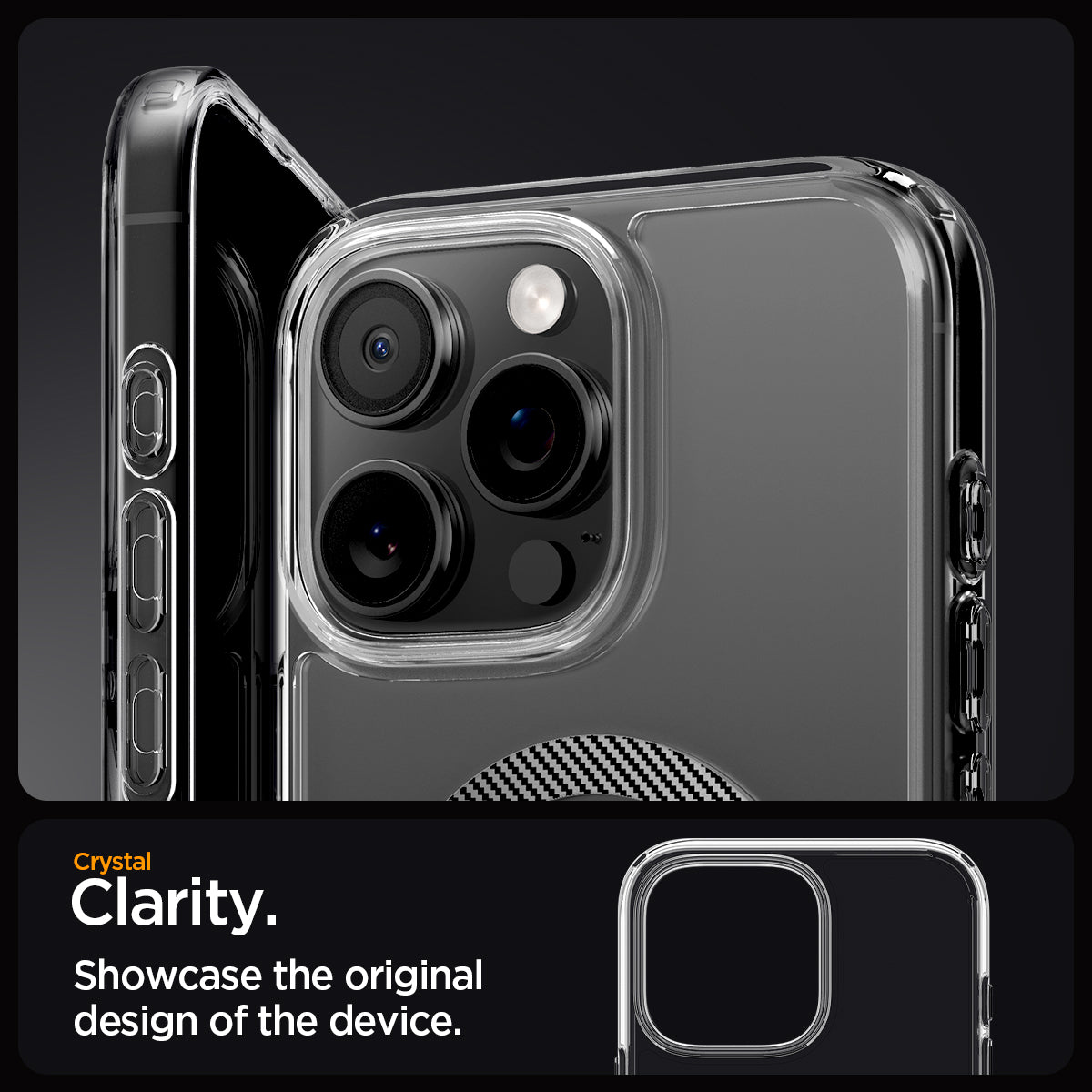 ACS08131 - iPhone 16 Pro Case Ultra Hybrid (MagFit) in Carbon Fiber crystal clarity. Showcase the original design of the device.