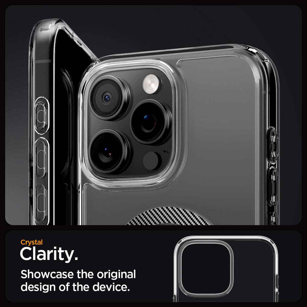 ACS08131 - iPhone 16 Pro Case Ultra Hybrid (MagFit) in Carbon Fiber crystal clarity. Showcase the original design of the device.