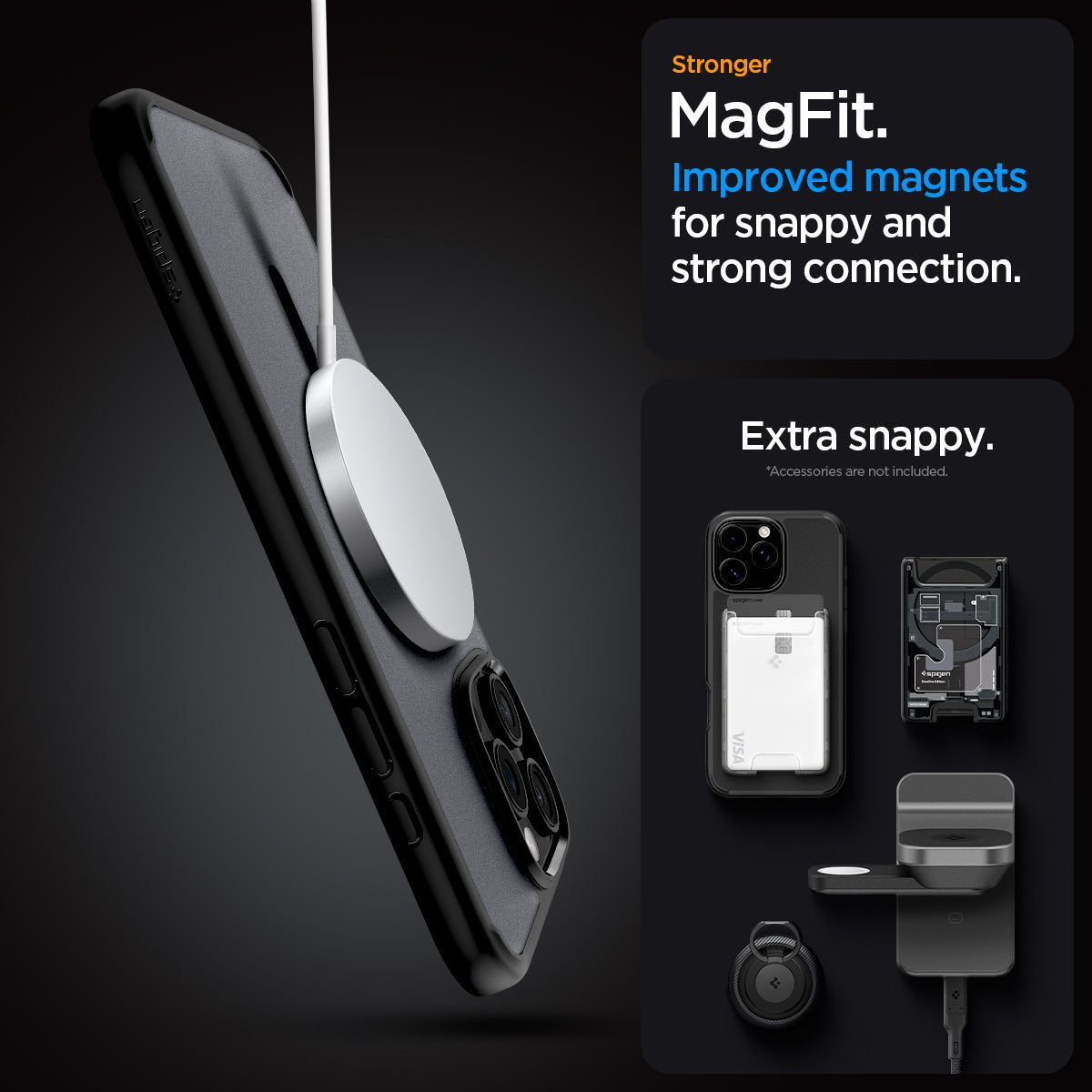 ACS08134 - iPhone 16 Pro Case Ultra Hybrid (MagFit) in Frost Black stronger magfit. improved magnets for snappy and strong connection. Extra snappy. accessory not included.