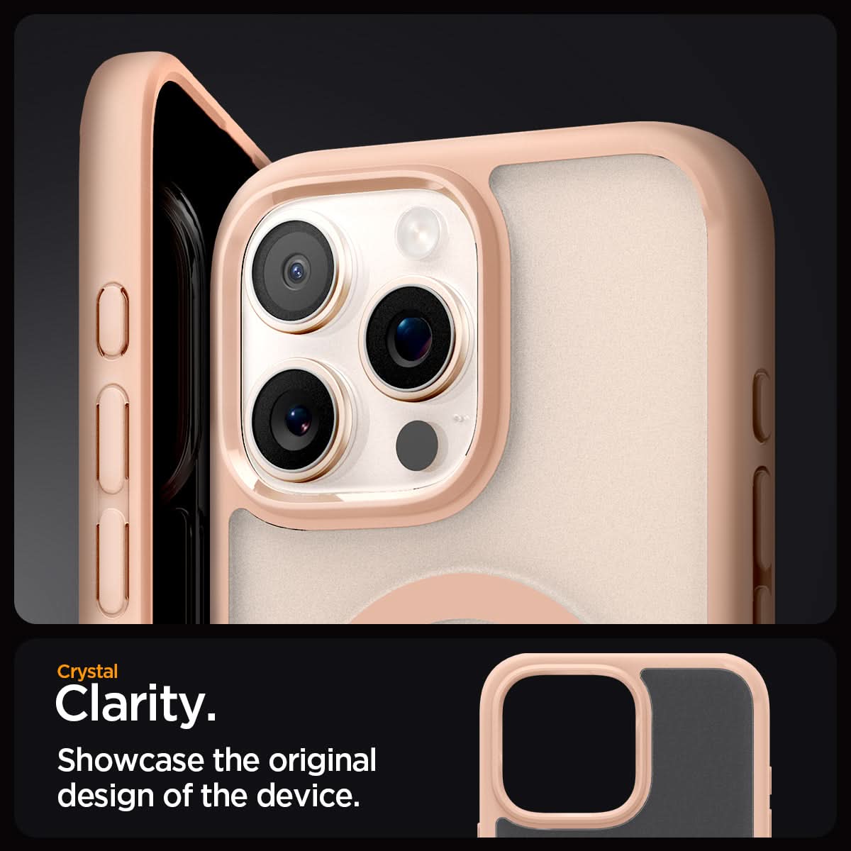 ACS08689 - iPhone 16 Pro Max Case Ultra Hybrid (MagFit) in Frost Rose Titanium crystal clarity. Showcase the original design of the device.