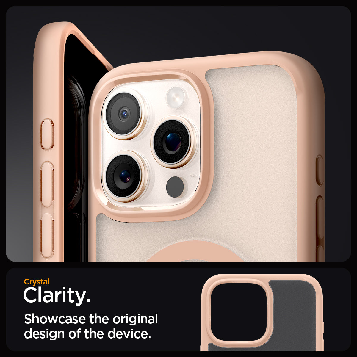 ACS08694 - iPhone 16 Pro Case Ultra Hybrid (MagFit) in Frost Rose Titanium crystal clarity. Showcase the original design of the device.