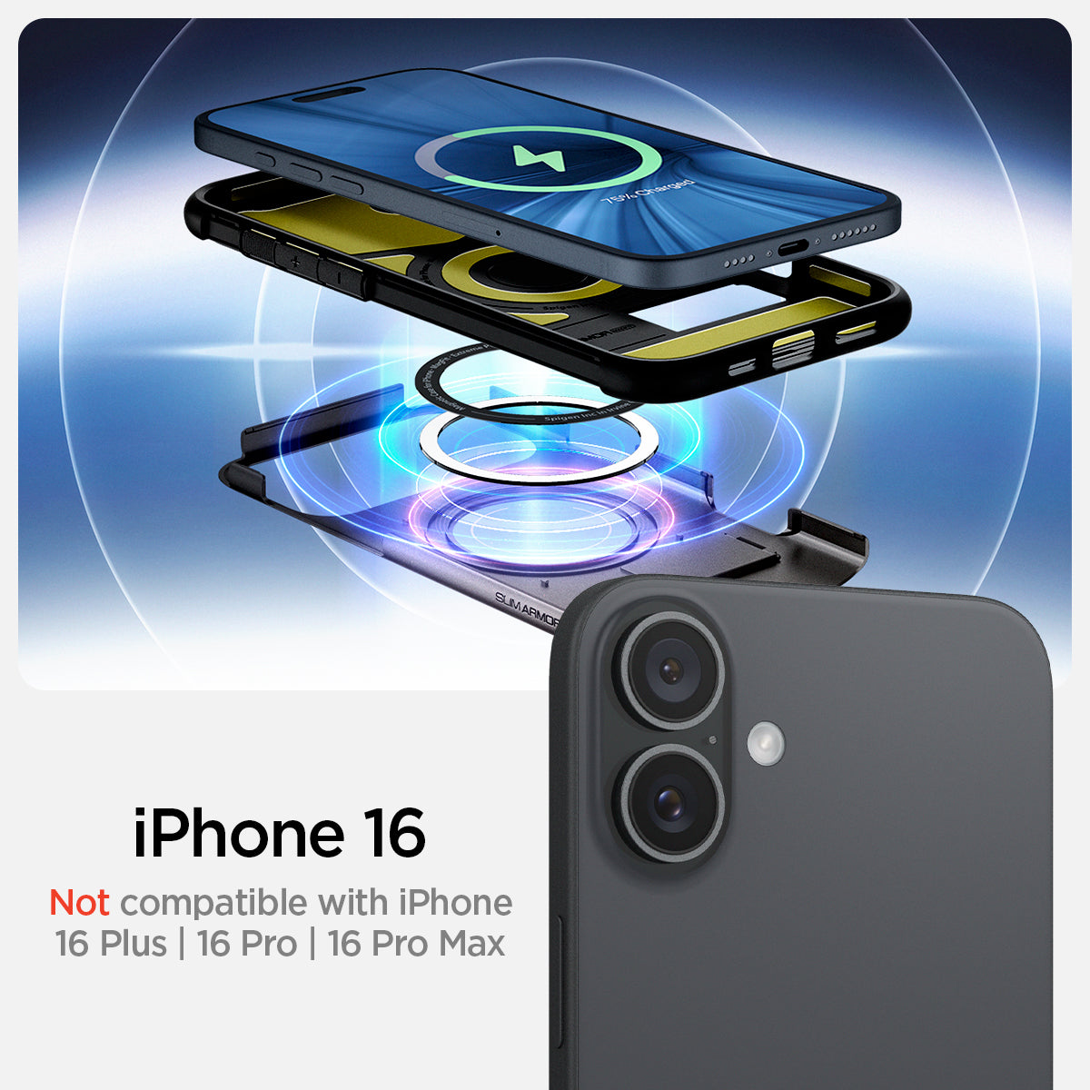 ACS08226 - iPhone 16 Case Slim Armor (MagFit) in Gunmetal showing the compatibility with iPhone 16 Plus. Not compatible with iPhone 16, 16 Pro or 16 Pro Max