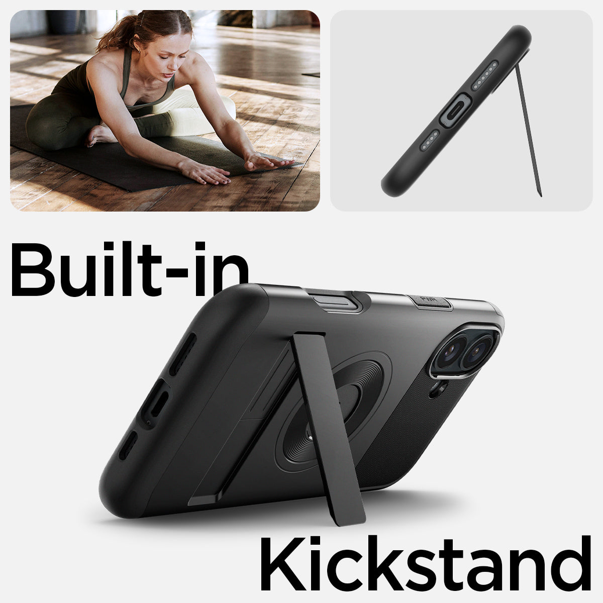 ACS08227 - iPhone 16 Case Slim Armor (MagFit) in Black showing the built-in kickstand. Enjoy hands-free usage for more productivity everyday