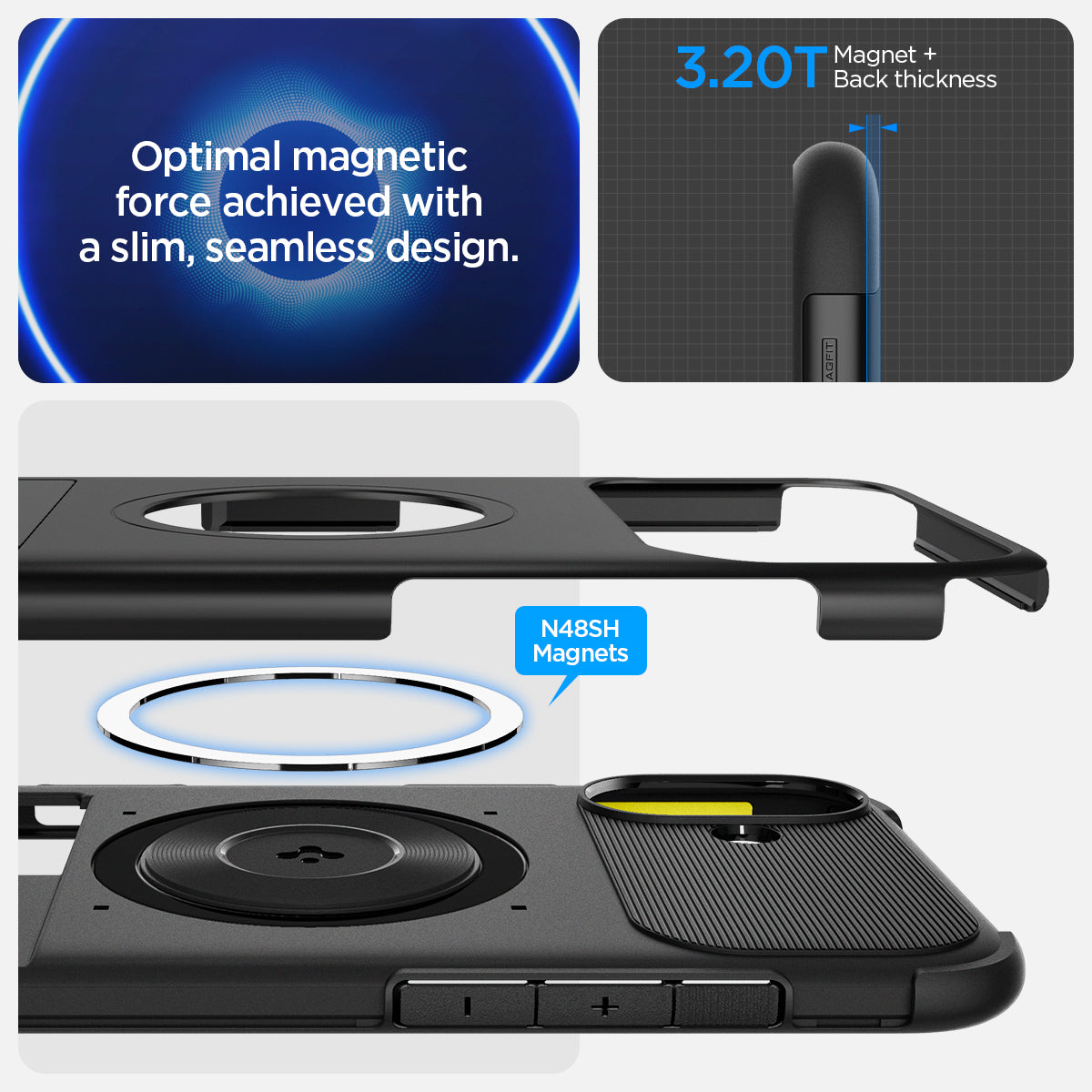 ACS08227 - iPhone 16 Case Slim Armor (MagFit) in Black showing the Optimal magnetic force achieved with a slim, seamless design. 3.20TMaget+ Back thickness