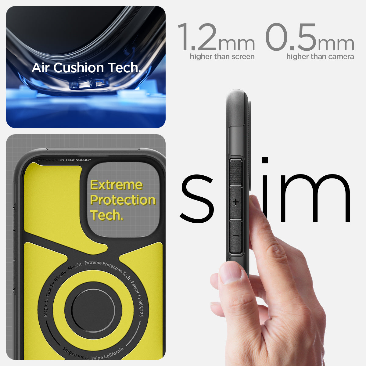 ACS08227 - iPhone 16 Case Slim Armor (MagFit) in Black showing the air cushion tech. Extreme Protection Tech, 1.2mm higher than screen, 0.5mm higher than camera