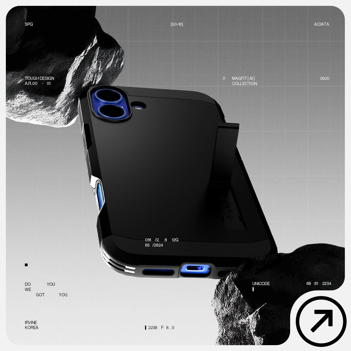 ACS08216 - iPhone 16 Case Tough Armor AI (MagFit) in Black has tough design and showing between the rock.