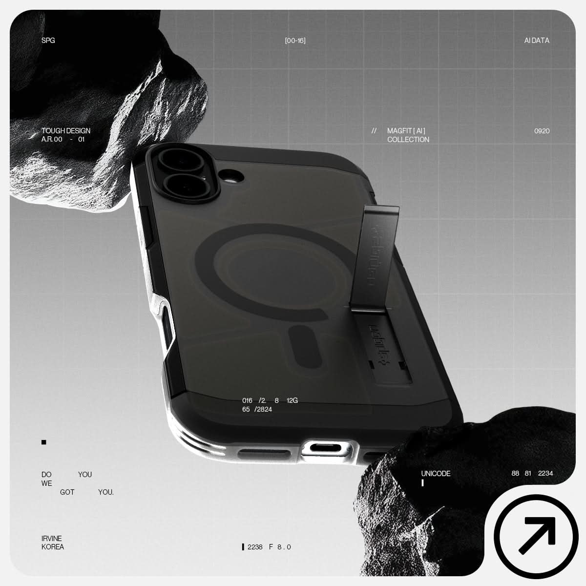 ACS08515 - iPhone 16 Case Tough Armor AI (MagFit) in Frost Black has tough design and showing between the rock.