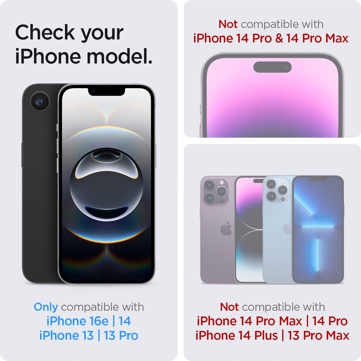 AGL03385 - iPhone 16e Plus Screen Protector EZ FIT GLAS.tR SLIM showing the compatibility. Only compatible with iPhone 16e | 14, iPhone 13 | 13 Pro Not compatible with iPhone 14 Pro | 14 Pro Max iPhone 14 Plus | 13 Pro Max