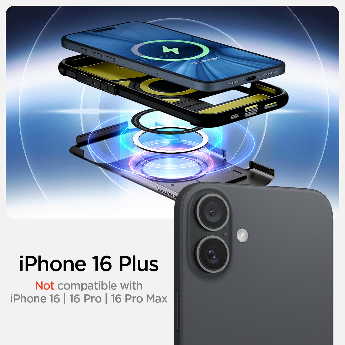 ACS08097 - iPhone 16 Plus Case Slim Armor (MagFit) in Gunmetal showing the compatibility with iPhone 16 Plus. Not compatible with iPhone 16, 16 Pro or 16 Pro Max