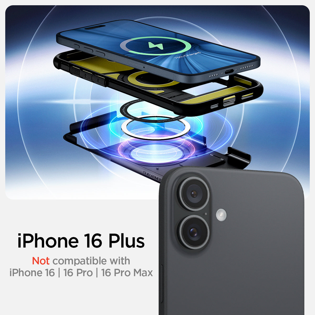 ACS08098 - iPhone 16 Plus Case Slim Armor (MagFit) in Black showing the compatibility with iPhone 16 Plus. Not compatible with iPhone 16, 16 Pro or 16 Pro Max