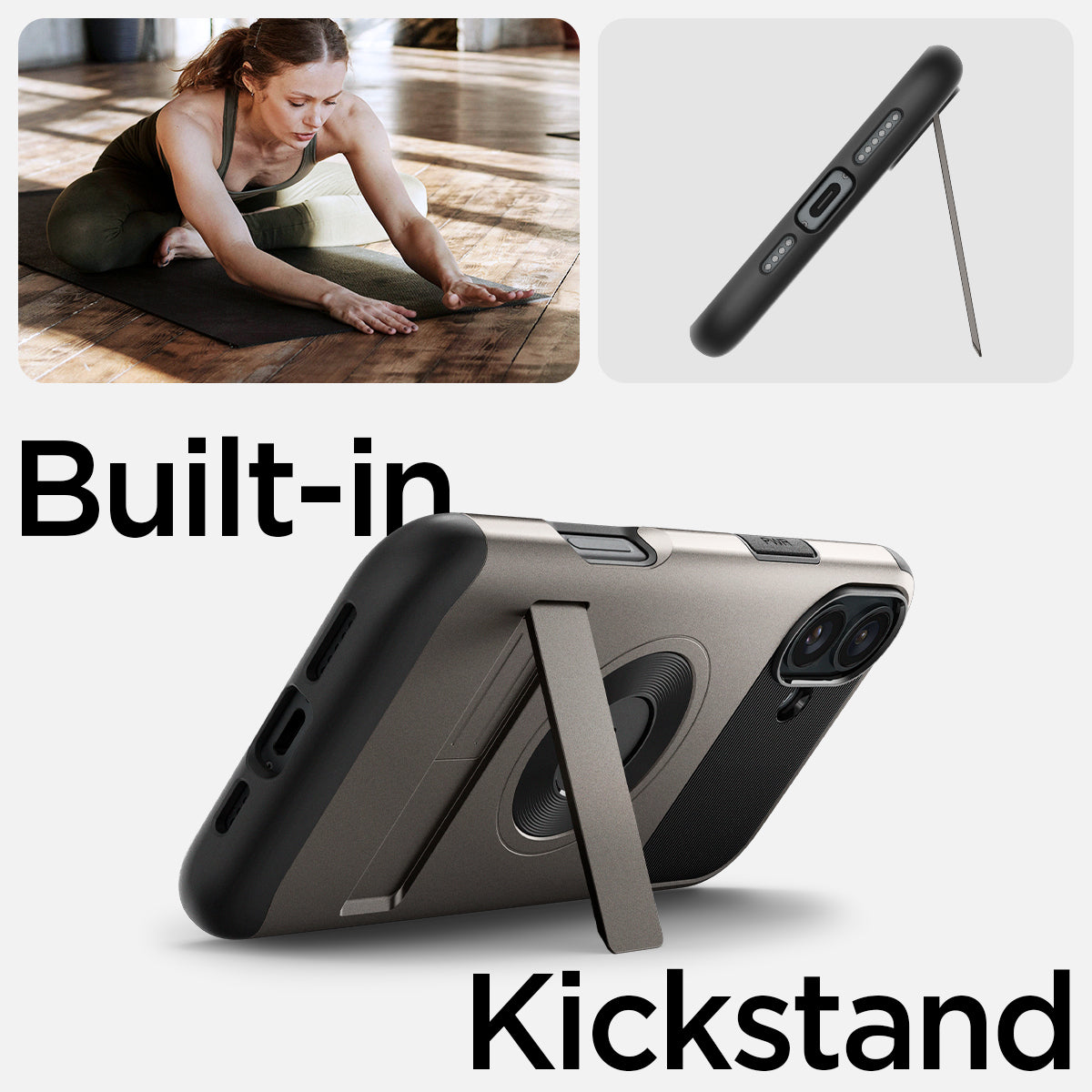 ACS08097 - iPhone 16 Plus Case Slim Armor (MagFit) in Gunmetal showing the built-in kickstand. Enjoy hands-free usage for more productivity everyday