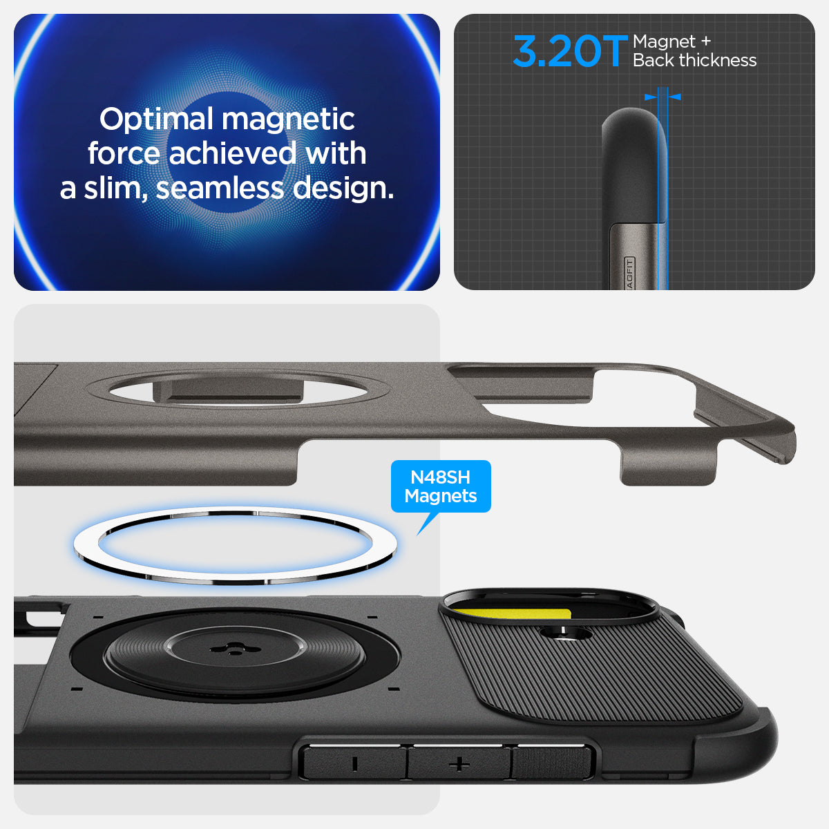 ACS08097 - iPhone 16 Plus Case Slim Armor (MagFit) in Gunmetal showing the Optimal magnetic force achieved with a slim, seamless design. 3.20TMaget+ Back thickness